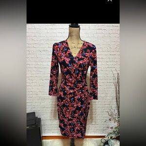 Anne Klein Navy Wrap Dress with Pink and Blue Abstract Floral